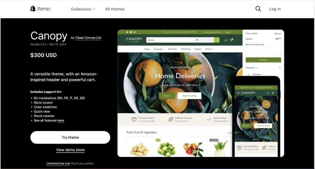 Canopy best shopify theme for food products