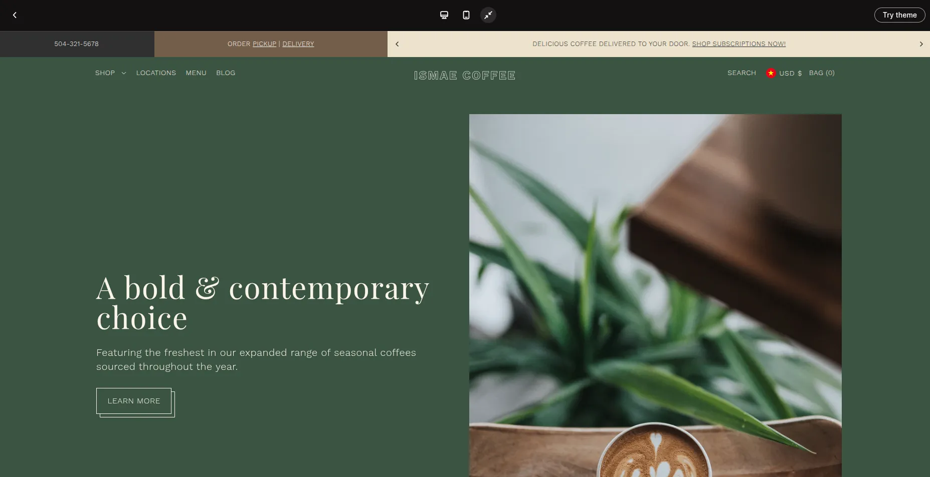 Foodie theme homepage for a small food and drink brand