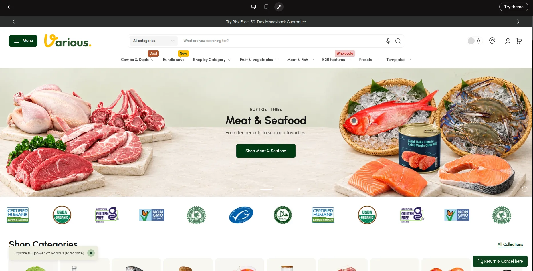 Maximize Various preset homepage with a mega menu for a large food catalog
