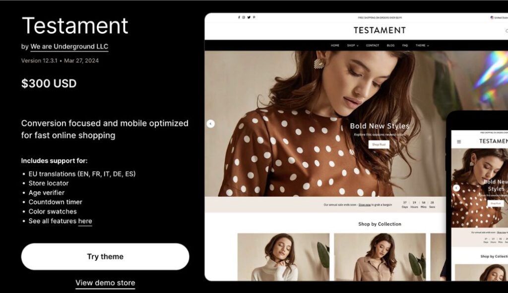testament shopify theme review Pricing