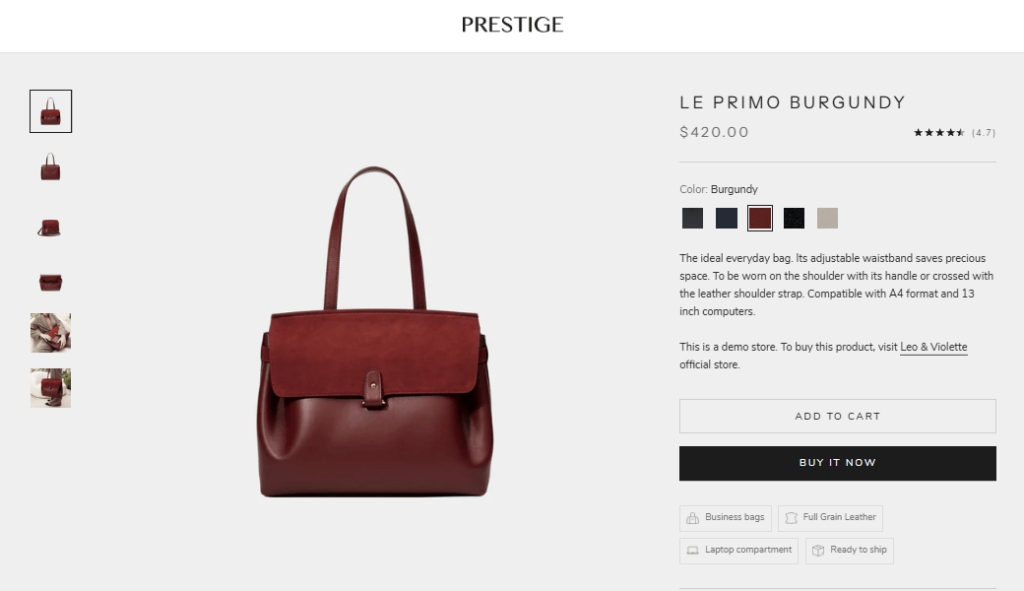 Prestige Shopify theme review: 15+ Core features: Color swatches