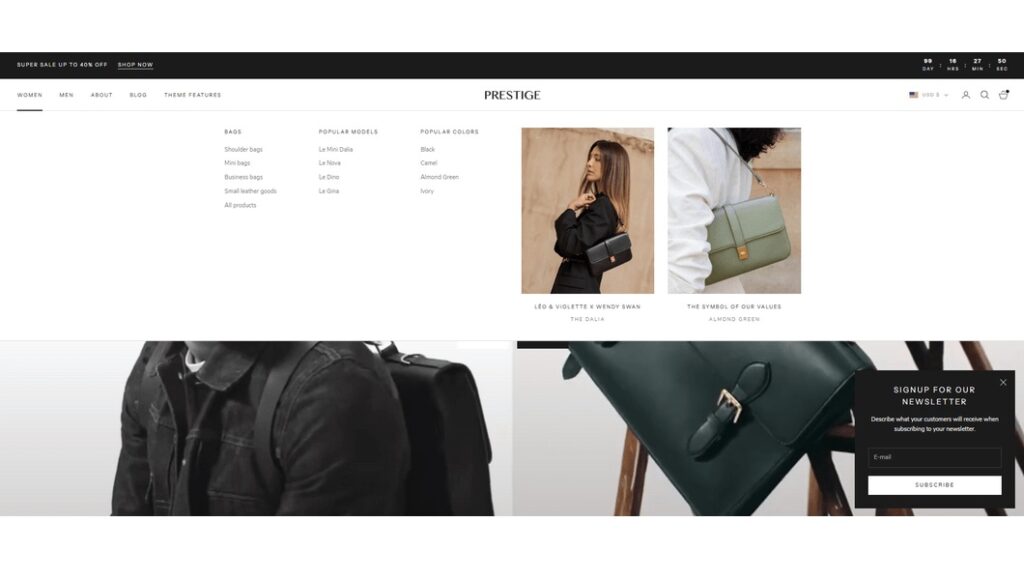 Prestige Shopify theme review: 15+ Core features: In-menu promos