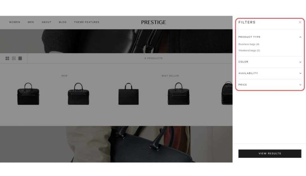 Prestige Shopify theme review features: Smart product filtering and sorting