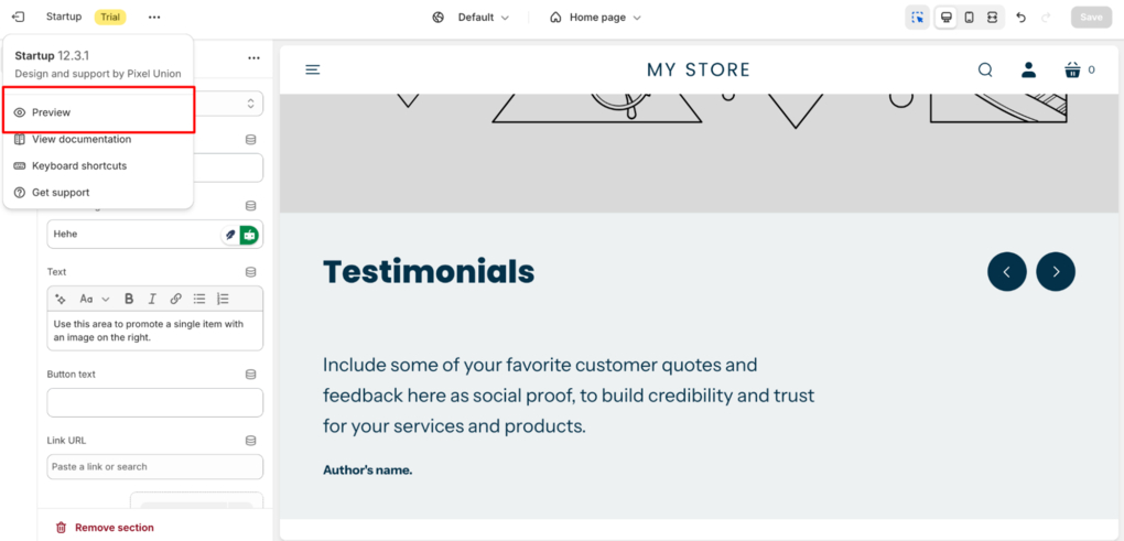 Shopify theme Startup preview and test