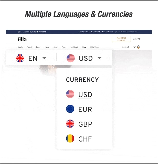 Many Languages & Currencies Support: shopify theme ella