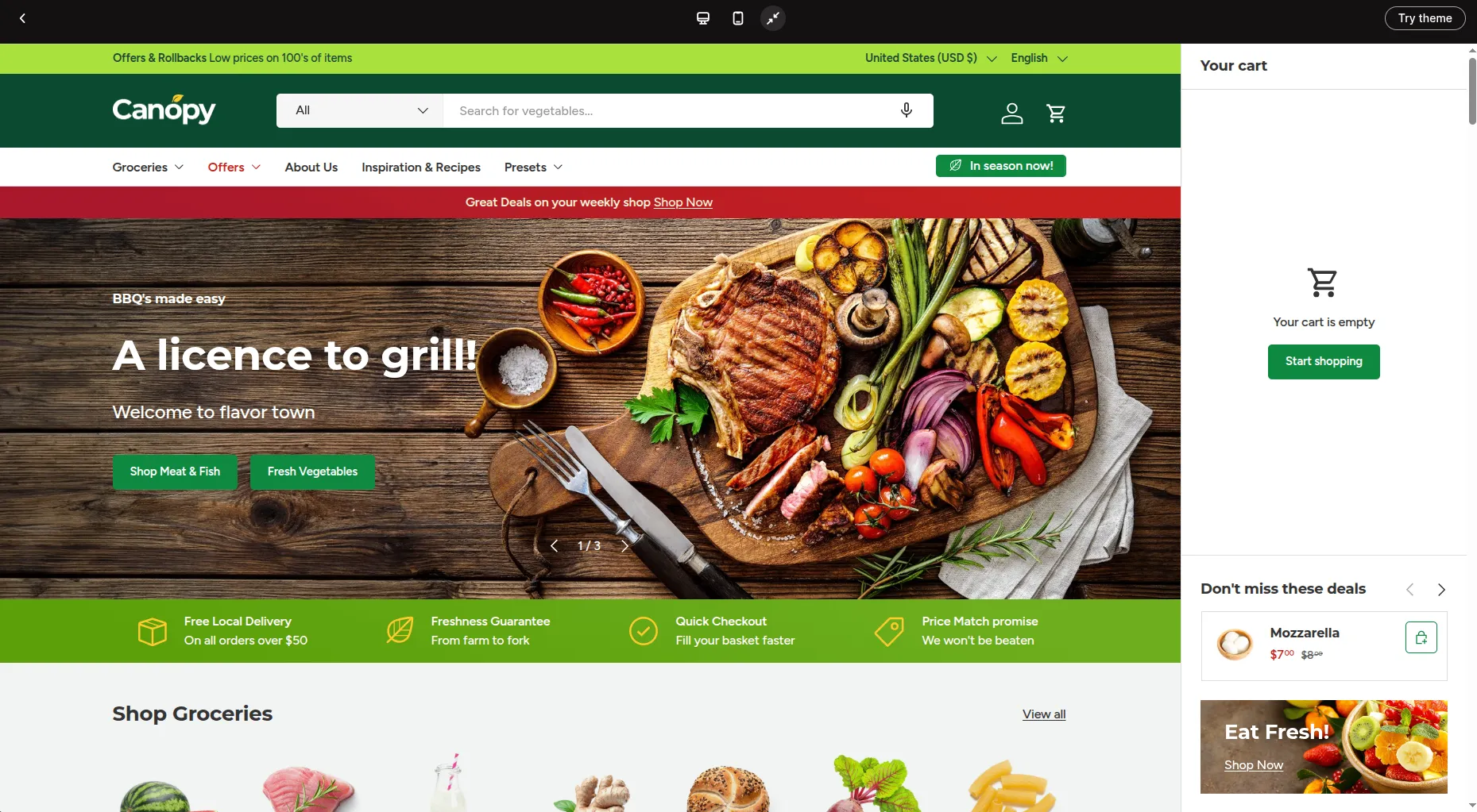 Canopy theme with a cart sidebar that stays visible while browsing