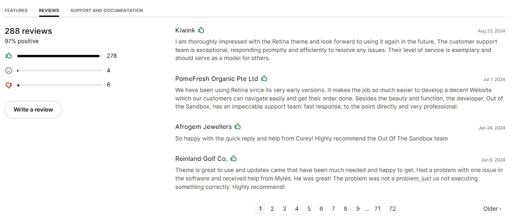 Retina theme’s user review and rating on Shopify