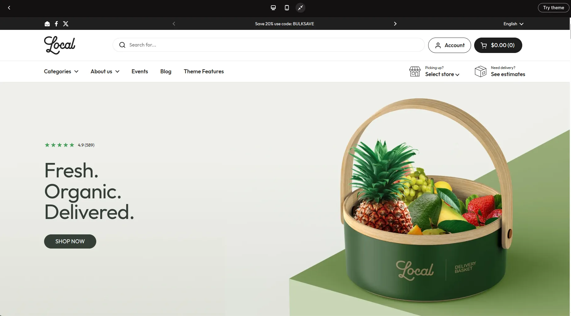 Local theme homepage for a café with events and in-store pickup