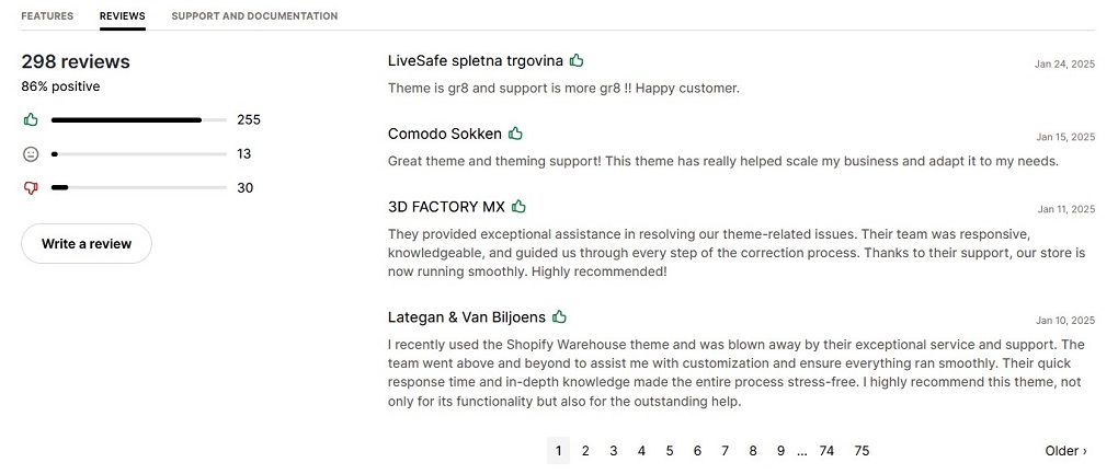 User reviews and ratings about the Warehouse Shopify theme 