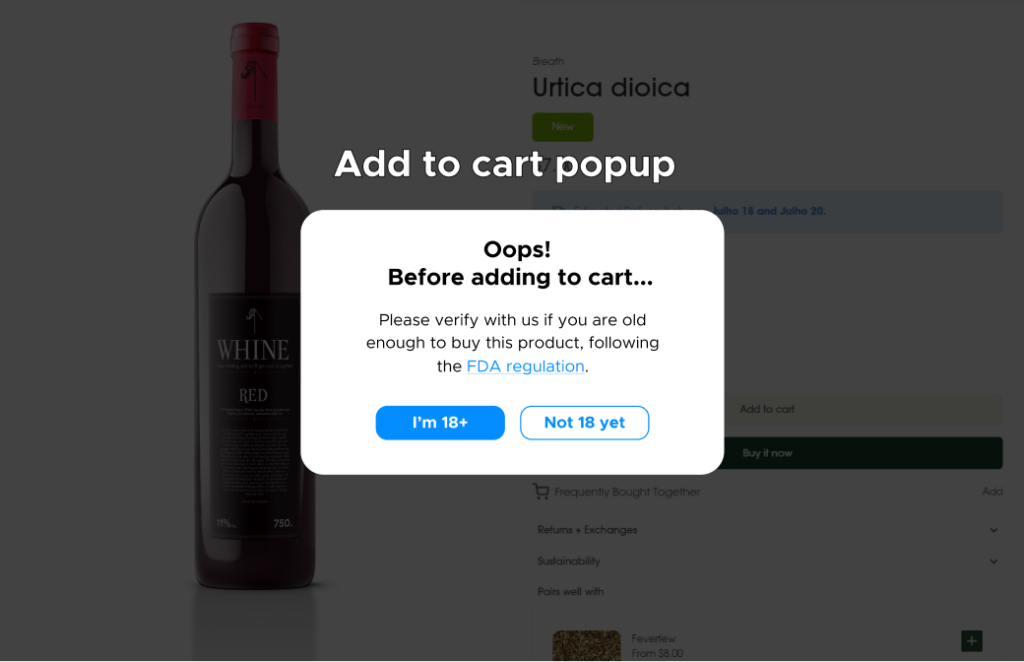 Example of an add to cart popup for the age verification Shopify