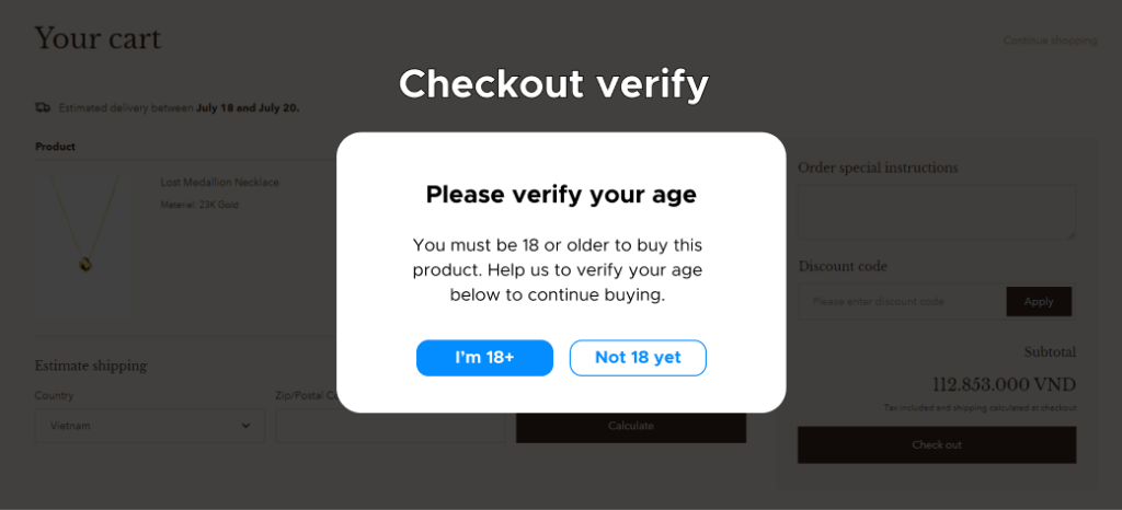 Example of a checkout verify popup for the age verification Shopify