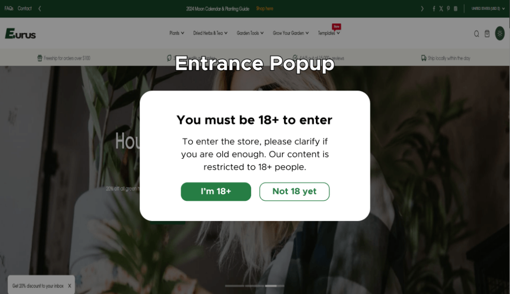 Example of an entrance popup for the age verification Shopify