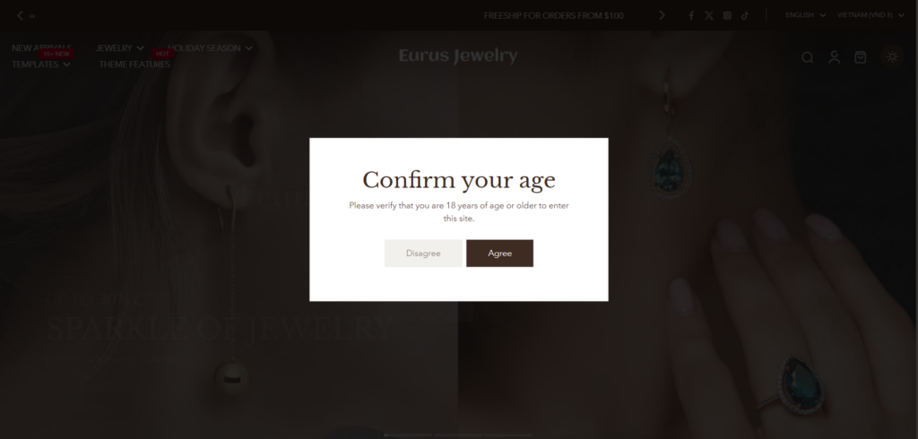 Example of an age verification popup banner