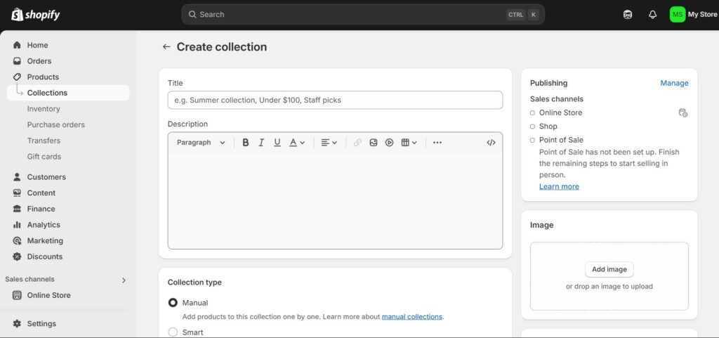 Editing interface to add collections