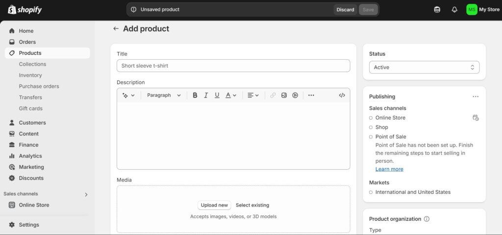 Products section of the Shopify Admin Dashboard