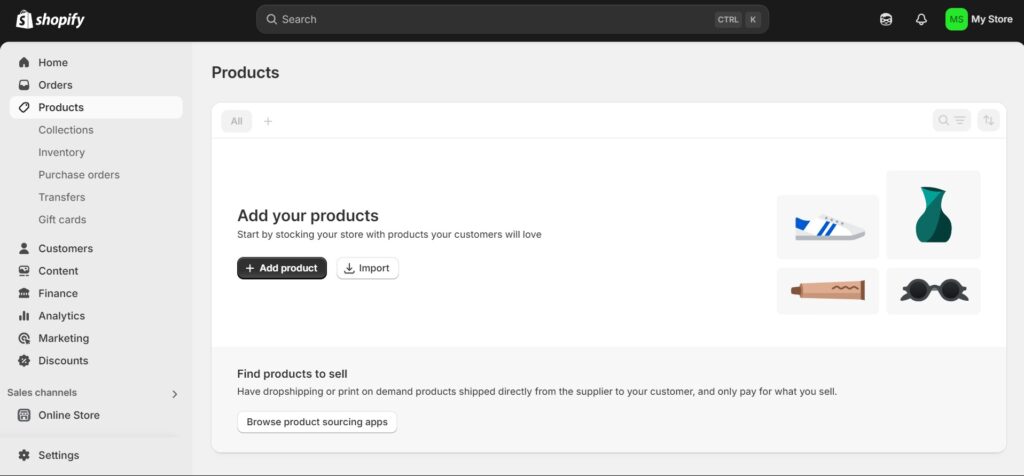 Products section of the Shopify Admin Dashboard