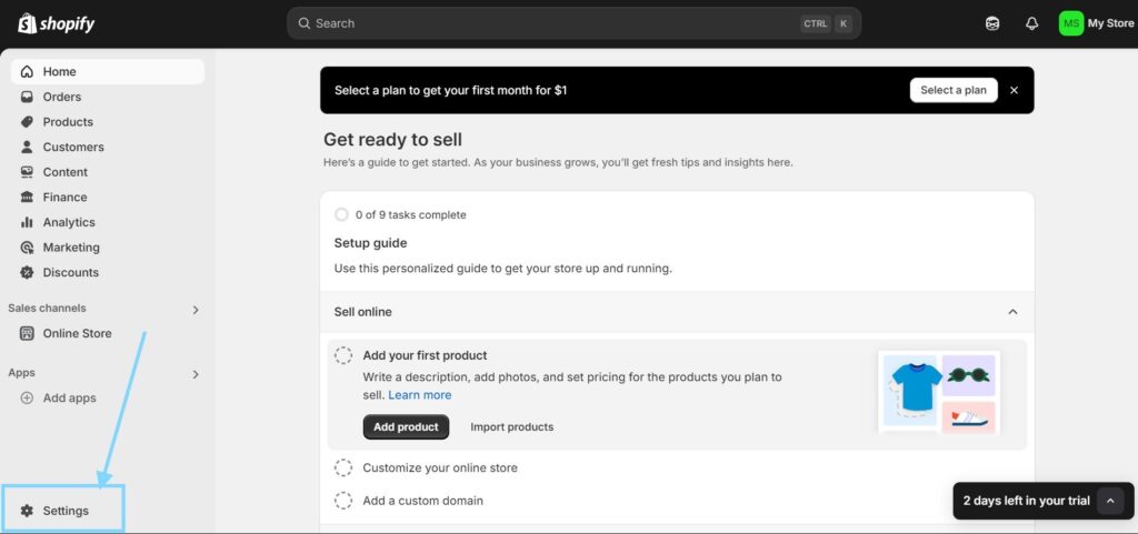 Shopify Admin Dashboard Settings option