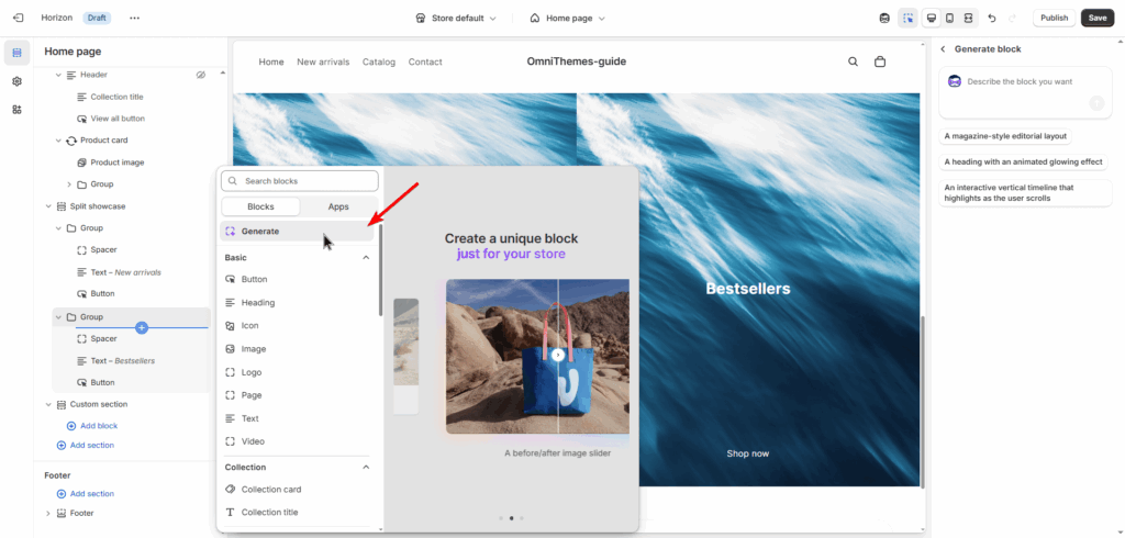 The AI generation feature in Shopify Horizon Theme