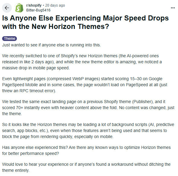 Not so happy thoughts about Shopify Horizon Themes Speed