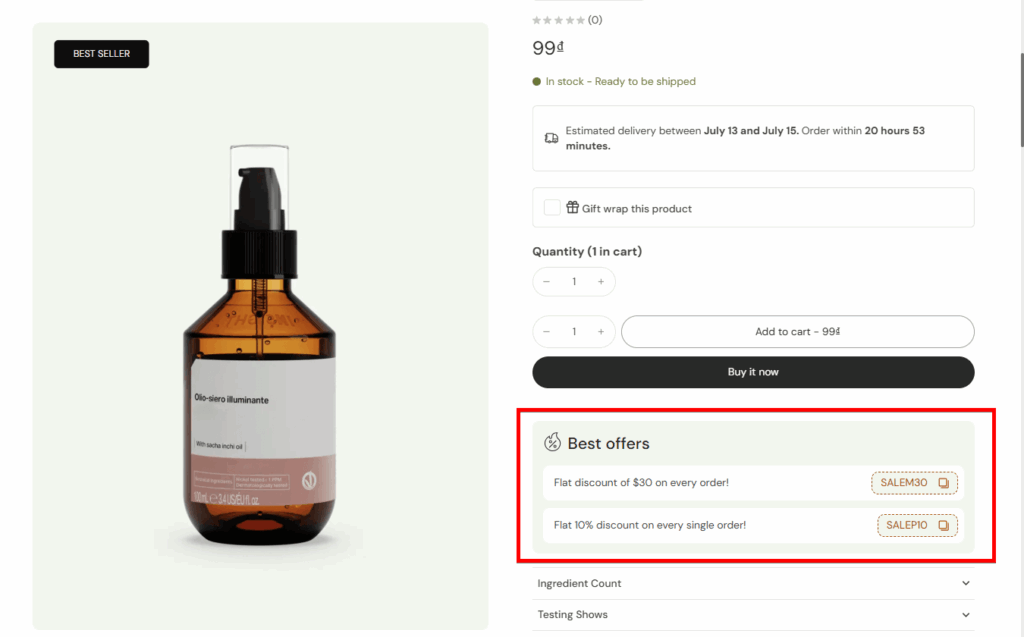 Coupon code on Eurus Shopify theme 9.1
