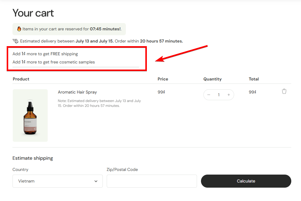 Cart threshold bar on Eurus Shopify theme 9.1