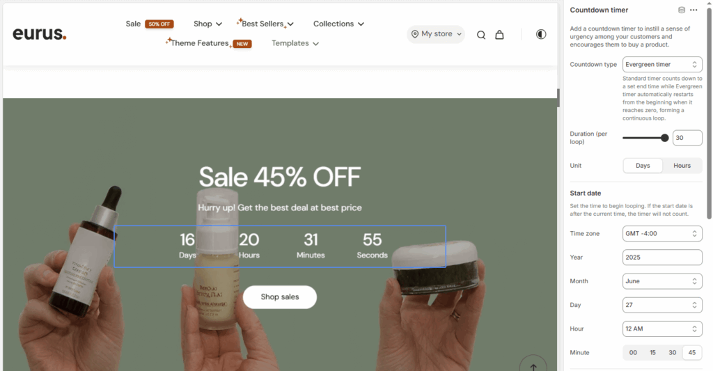 evergreen countdown timer on Eurus Shopify theme 9.1