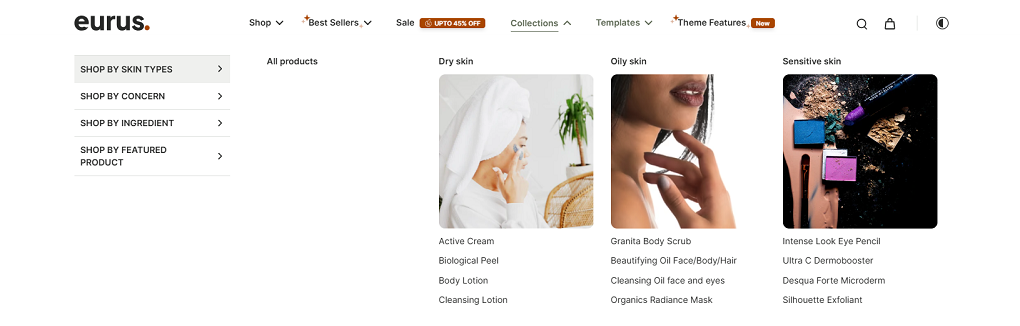 Eurus Shopify theme feature: 4-level mega menu