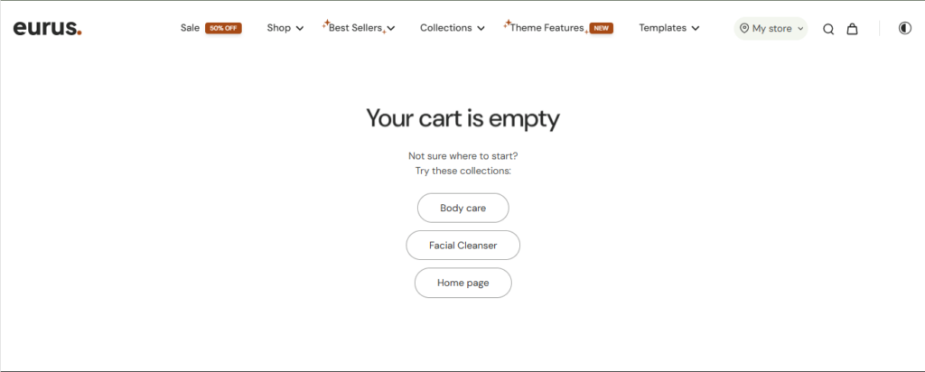 Empty cart recommendation on Eurus Shopify theme 9.1