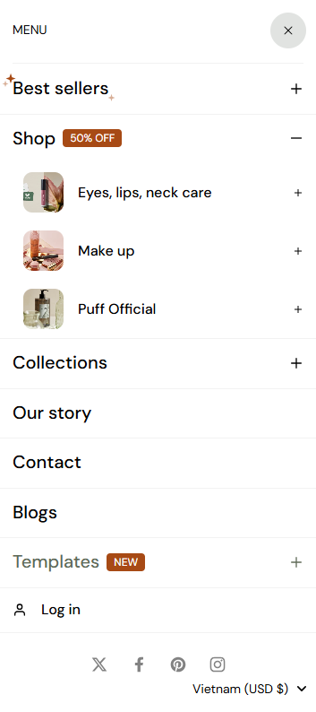 Mobile navigation on Eurus Shopify theme 9.1
