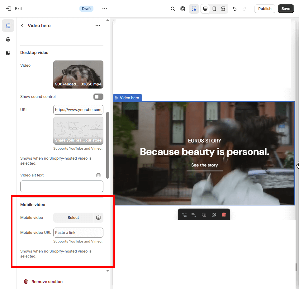 Video hero feature in the Eurus Shopify Theme 9.3.0