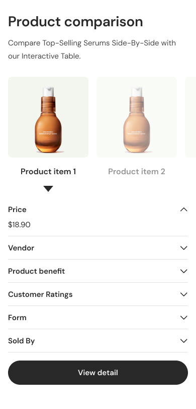 Product Page Product comparison section