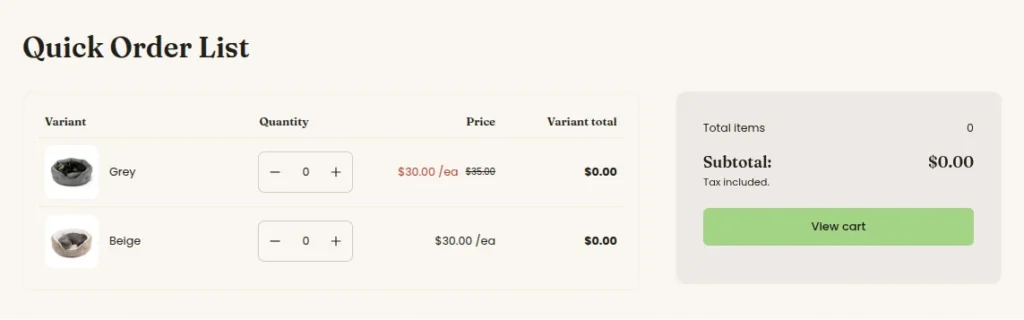 quick order list