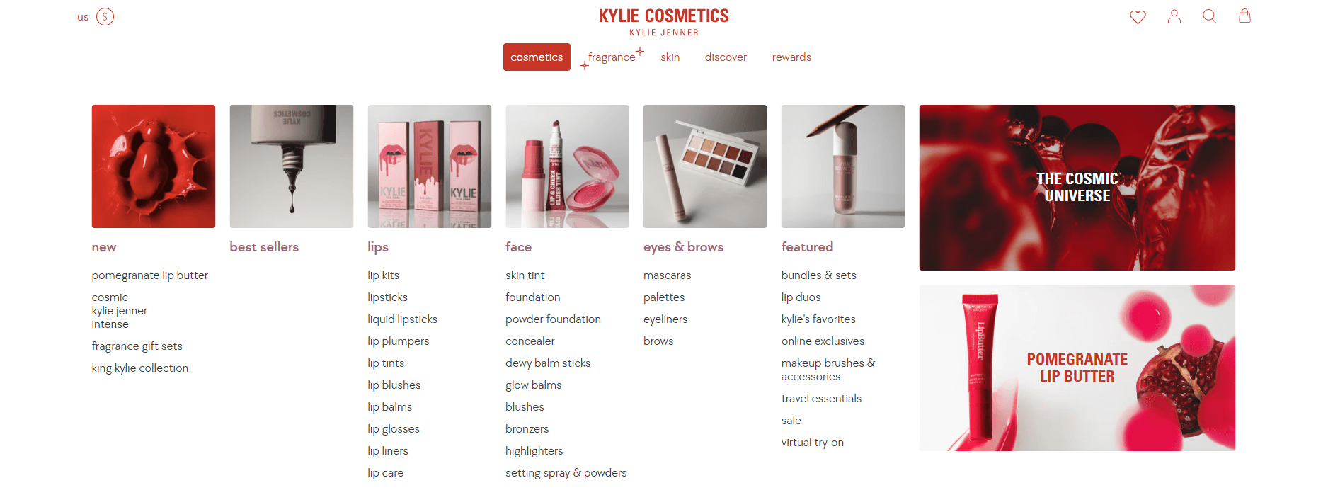 Kylie Cosmetic mega menu