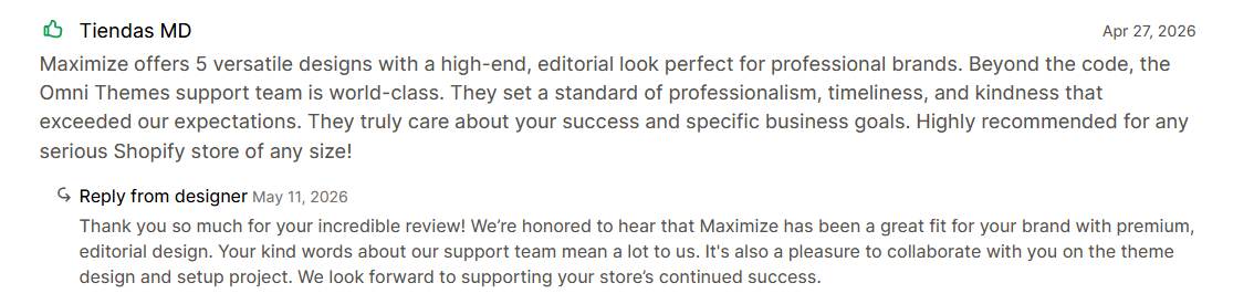 Tiendas MD review about Maximize Shopify Theme