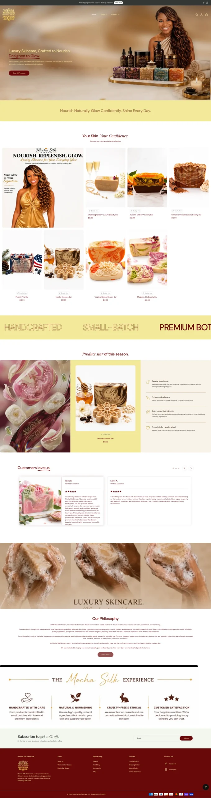 Mocha Silk Skincare showcase using the Eurus theme